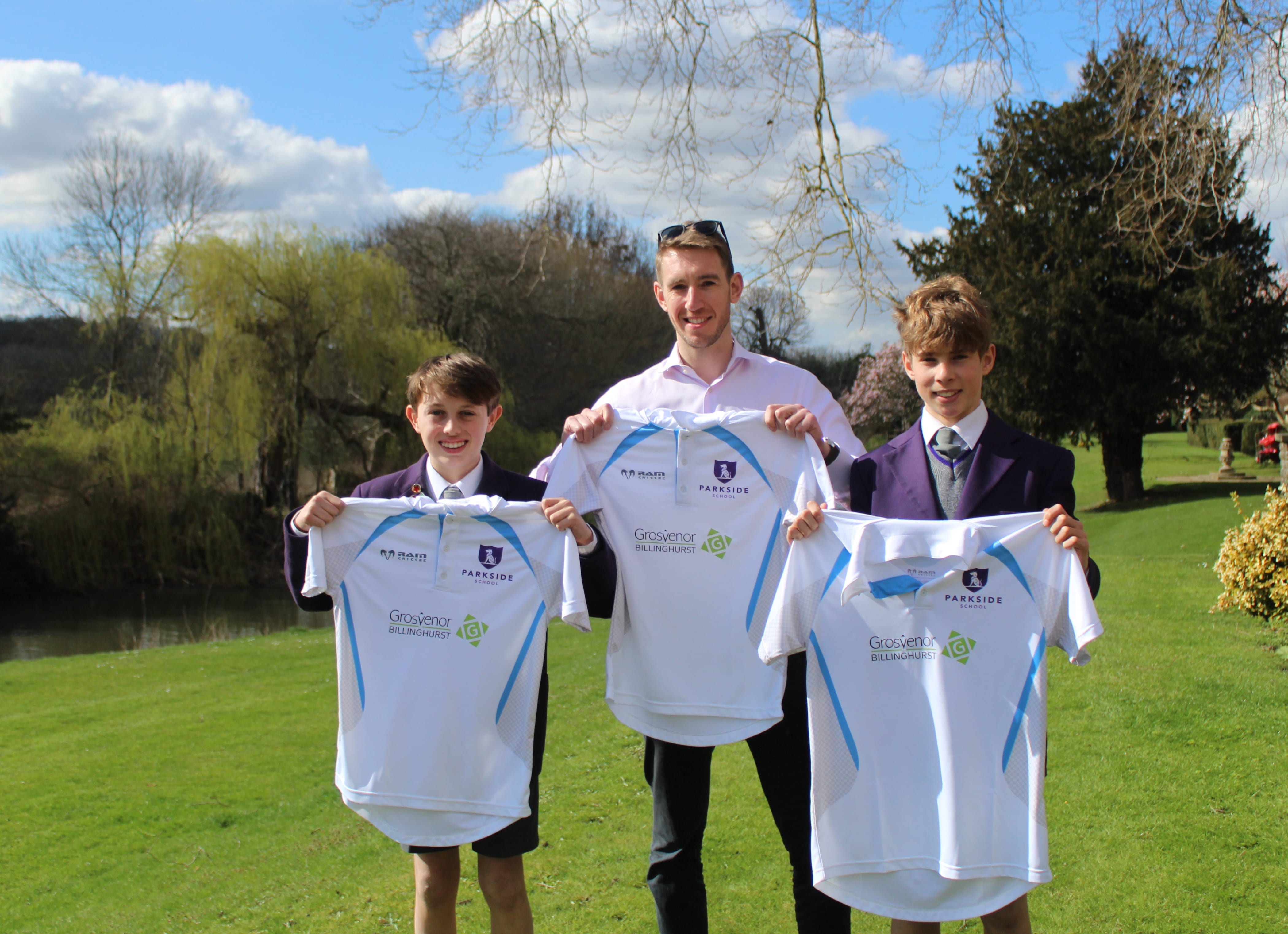 Grosvenor Billinghursts Managing Director is joined by Jack P left 12 and Luke W right 13 to unveil the new team kit for St Lucia Header